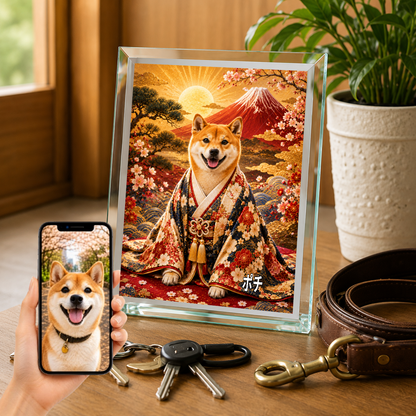 愛犬 写真入り 名入れ ガラスフォトパネル 赤富士 縁起物 うちの子ギフト