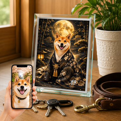 愛犬 写真入り 名入れ ガラスフォトパネル 月夜の守り犬 和風アート
