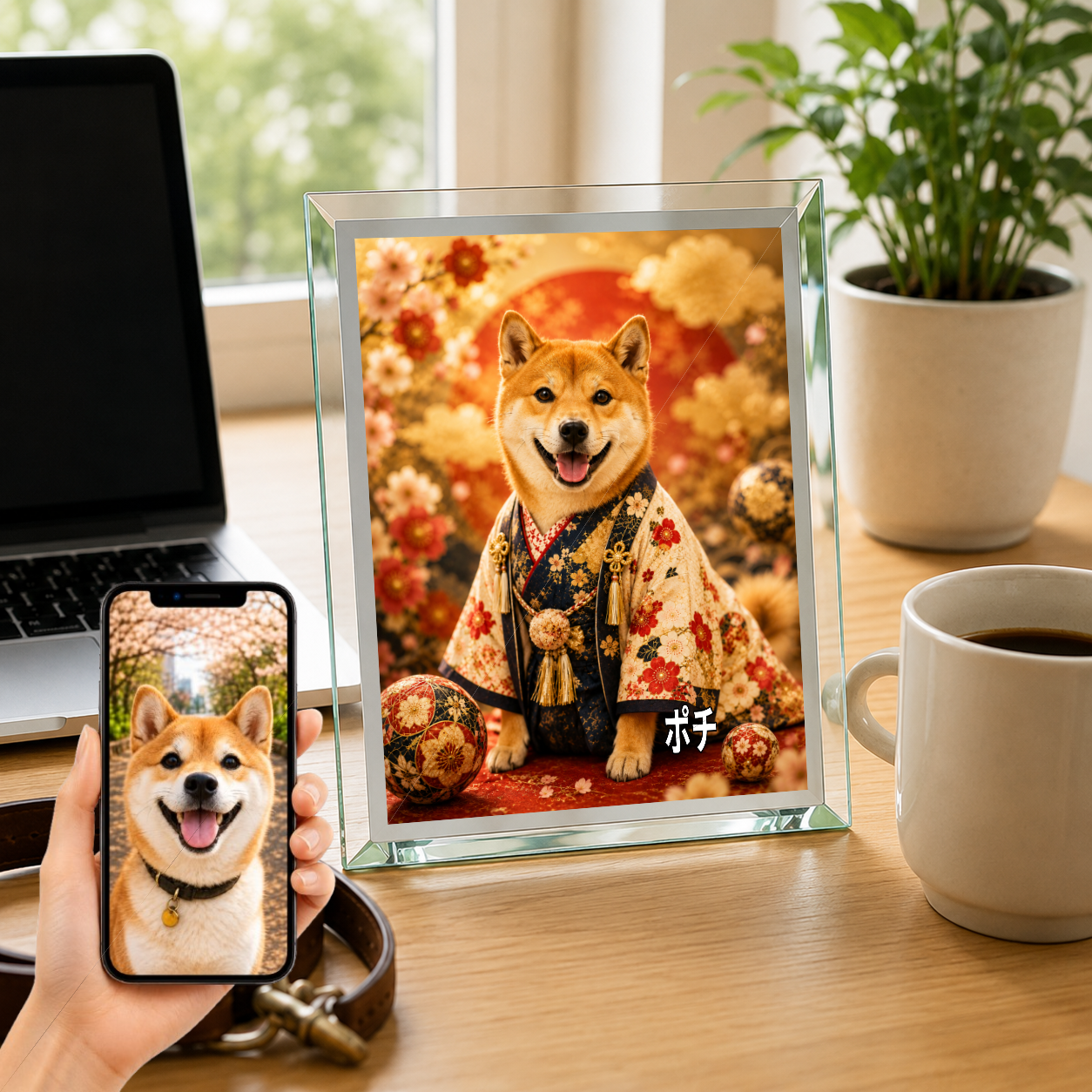 愛犬 写真入り 名入れ ガラスフォトパネル 豪華和装 月夜金彩 うちの子アート