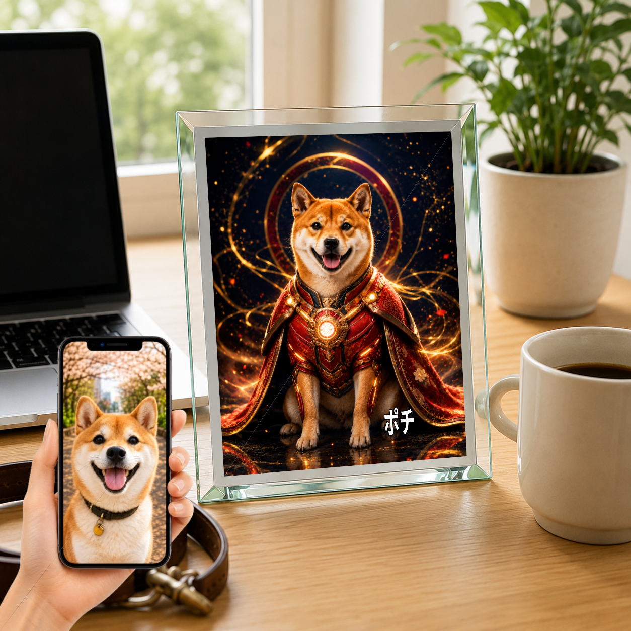 愛犬 写真入り 名入れ ガラスフォトパネル パワードスーツ ヒーロー犬