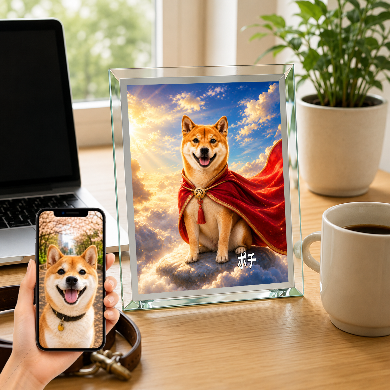 愛犬 写真入り 名入れ ガラスフォトパネル 赤マント ヒーロー犬 うちの子