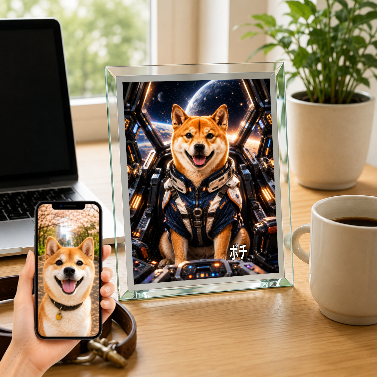 愛犬 写真入り 名入れ ガラスフォトパネル メカパイロット犬 SFアート
