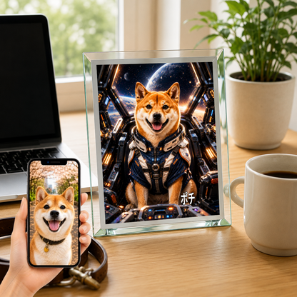 愛犬 写真入り 名入れ ガラスフォトパネル メカパイロット犬 SFアート
