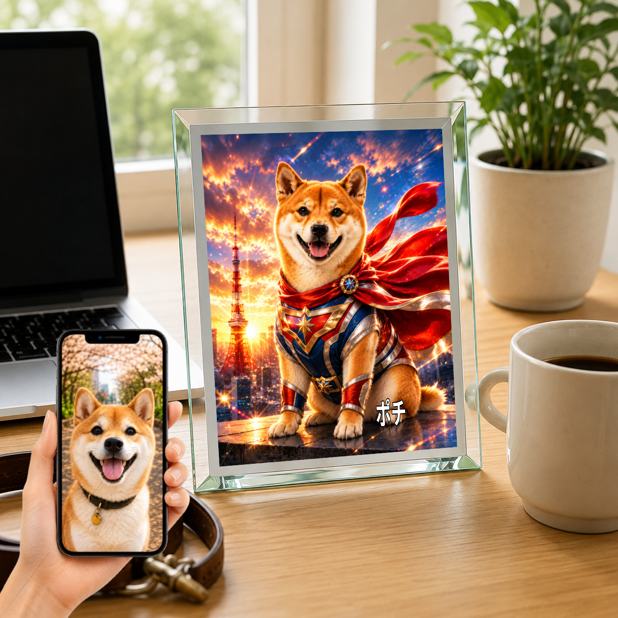 愛犬 写真入り 名入れ ガラスフォトパネル 特撮ヒーロー風 うちの子
