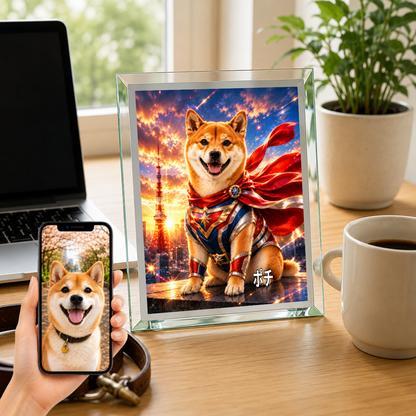 愛犬 写真入り 名入れ ガラスフォトパネル 特撮ヒーロー風 うちの子