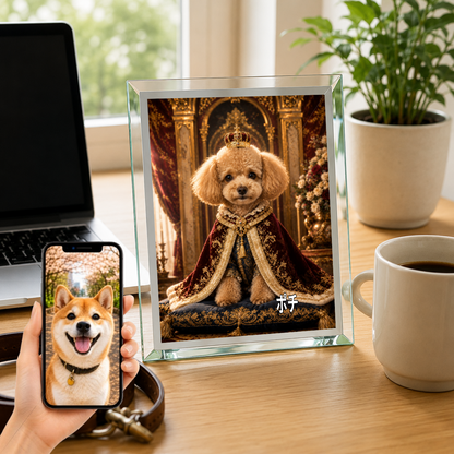 愛犬 写真入り 名入れ ガラスフォトパネル 王様マント犬 ロイヤルアート