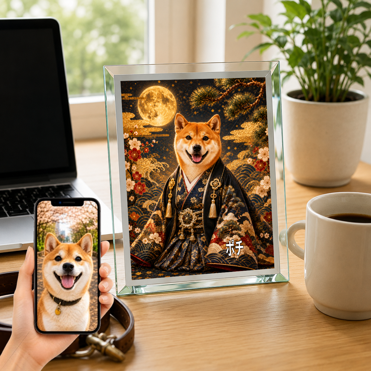 愛犬 写真入り 名入れ ガラスフォトパネル 晴れ着 金屏風 うちの子ギフト