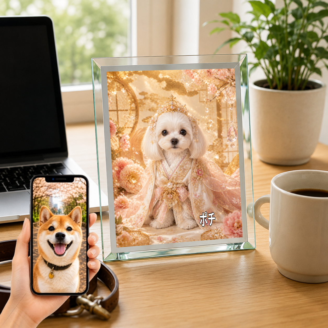 愛犬 写真入り 名入れ ガラスフォトパネル 姫さま犬 プリンセス風