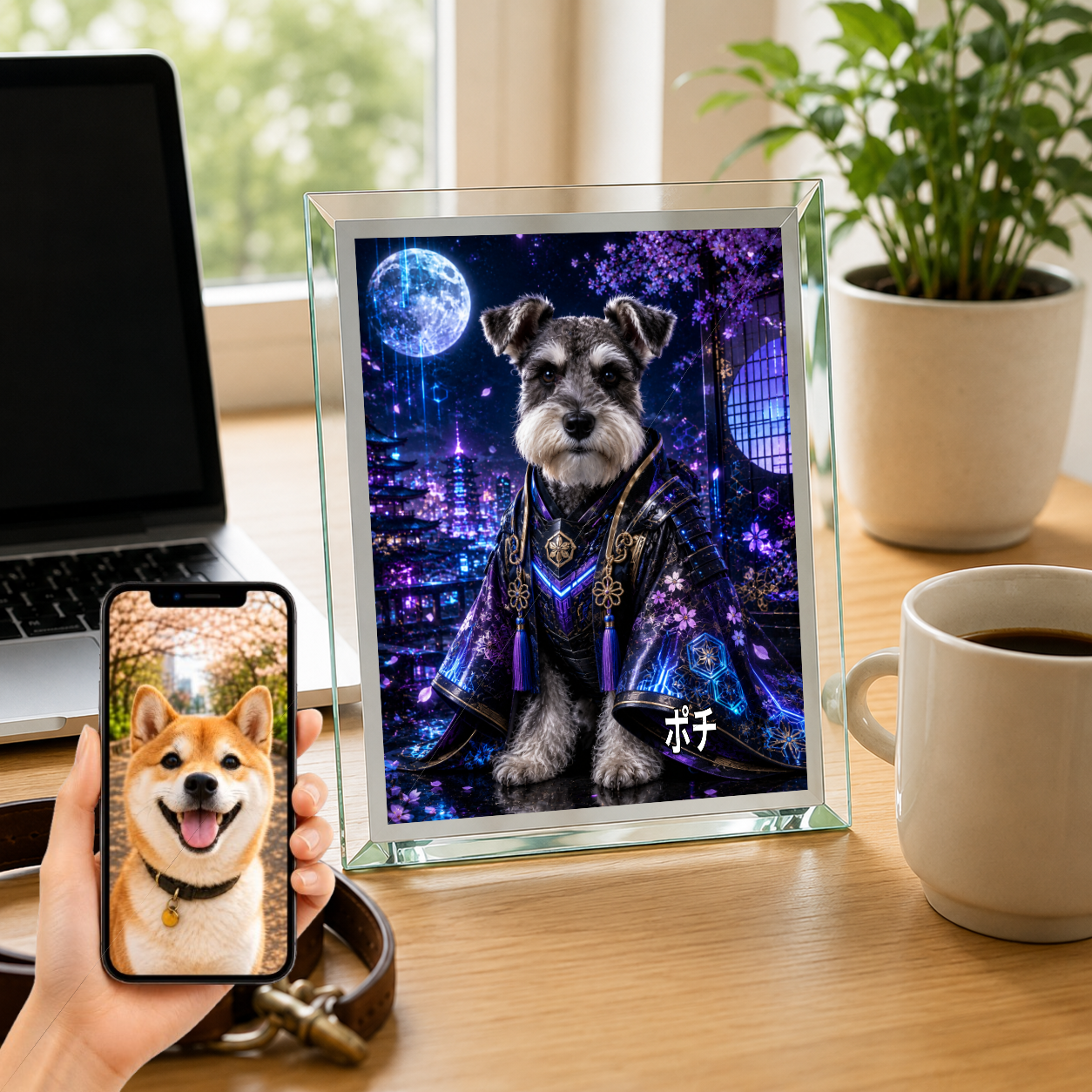 愛犬 写真入り 名入れ ガラスフォトパネル サイバー侍犬 近未来和風