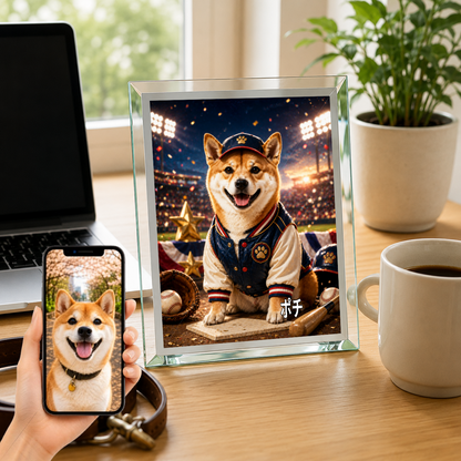 愛犬 写真入り 名入れ ガラスフォトパネル 野球スター犬 スポーツアート