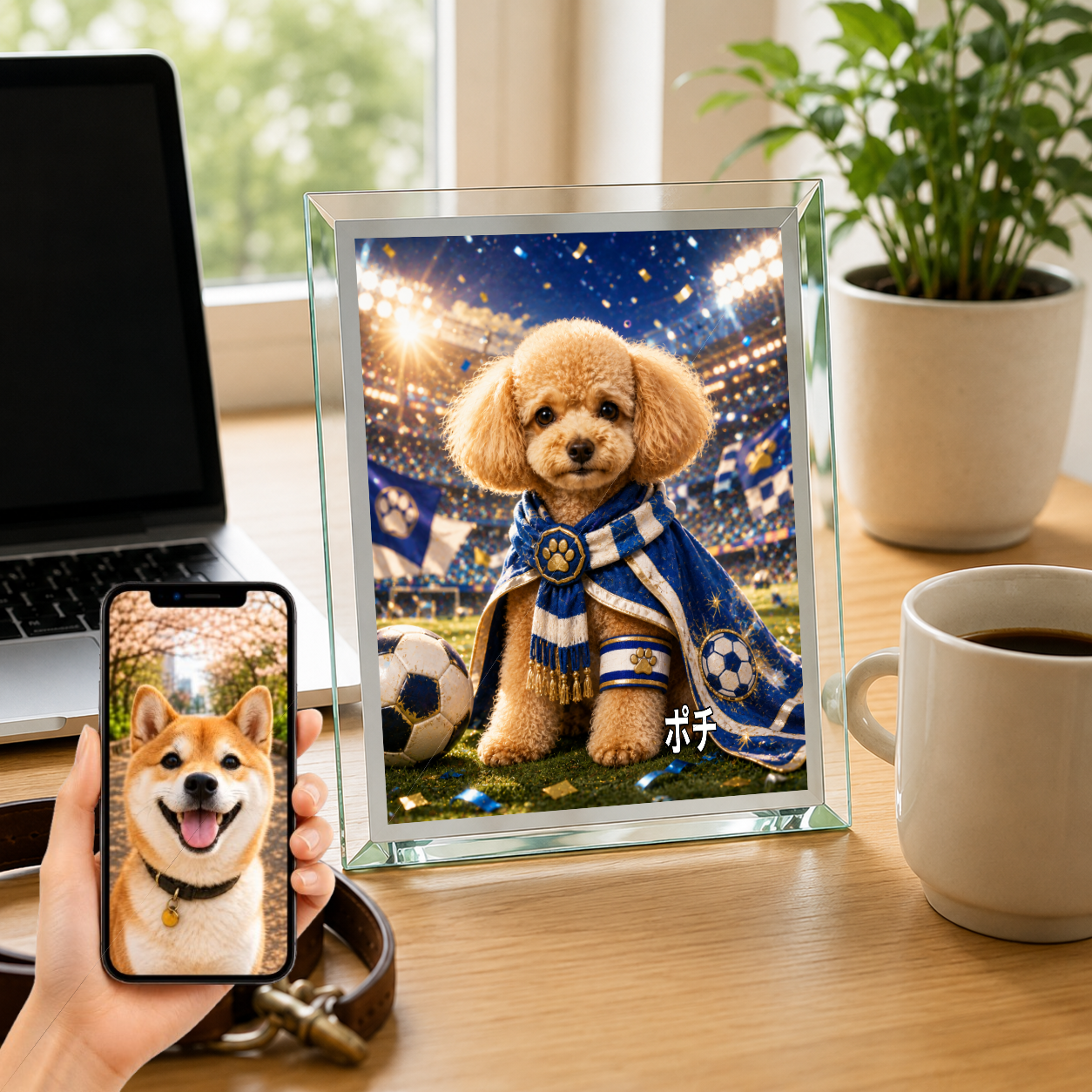 愛犬 写真入り 名入れ ガラスフォトパネル サッカーキャプテン犬