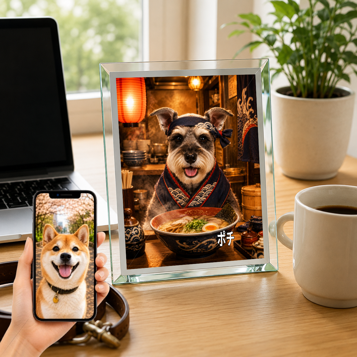 愛犬 写真入り 名入れ ガラスフォトパネル ラーメン職人犬