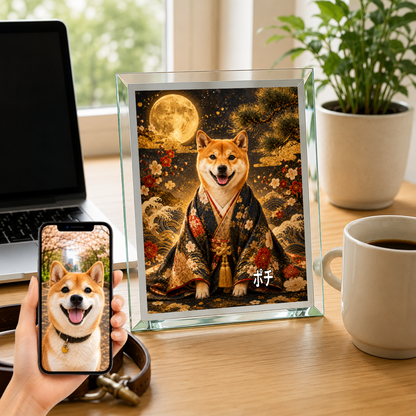 愛犬 写真入り 名入れ ガラスフォトパネル 侍風 黒紺金彩 うちの子アート
