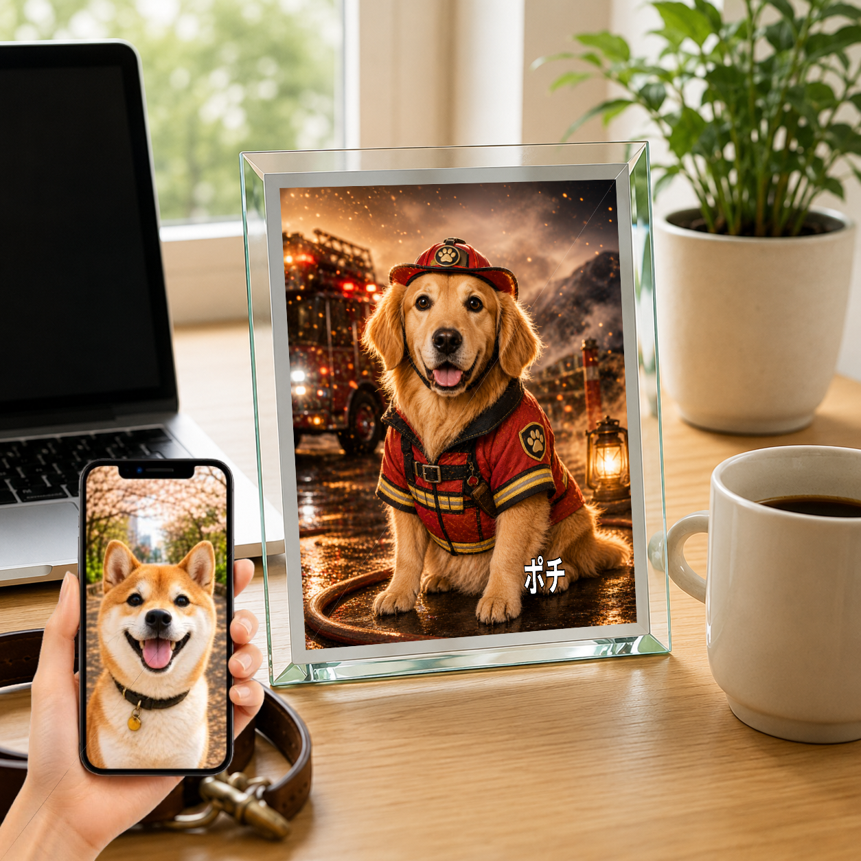愛犬 写真入り 名入れ ガラスフォトパネル レスキューヒーロー犬