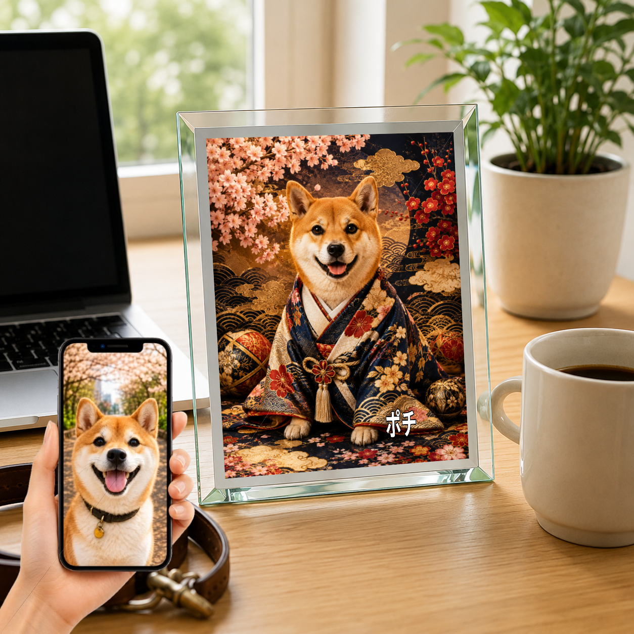 愛犬 写真入り 名入れ ガラスフォトパネル 豪華和装犬 高級うちの子アート