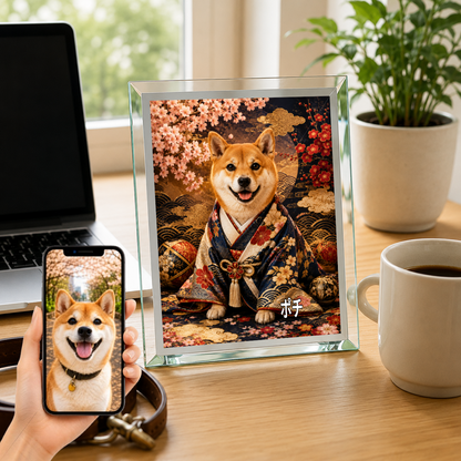 愛犬 写真入り 名入れ ガラスフォトパネル 豪華和装犬 高級うちの子アート