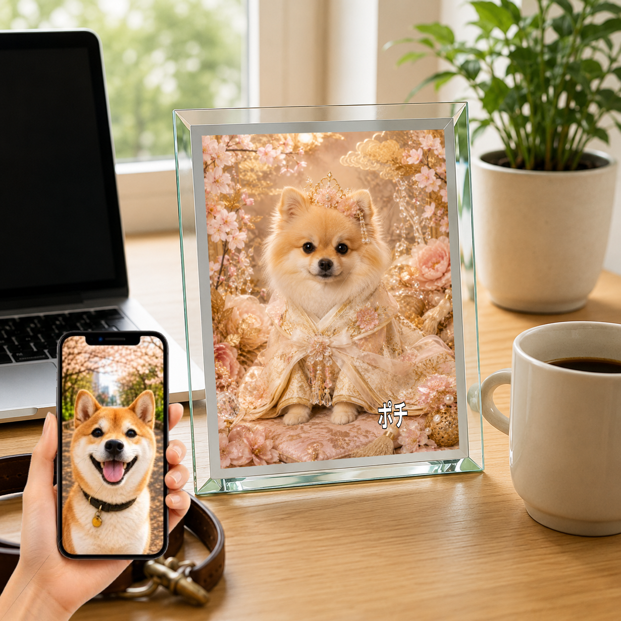 愛犬 写真入り 名入れ ガラスフォトパネル 姫さま犬 和風プリンセス