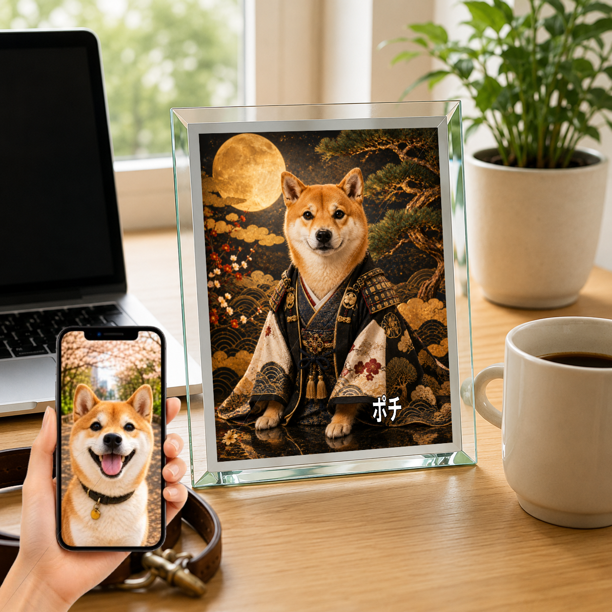 愛犬 写真入り 名入れ ガラスフォトパネル 侍犬 サムライ風アート