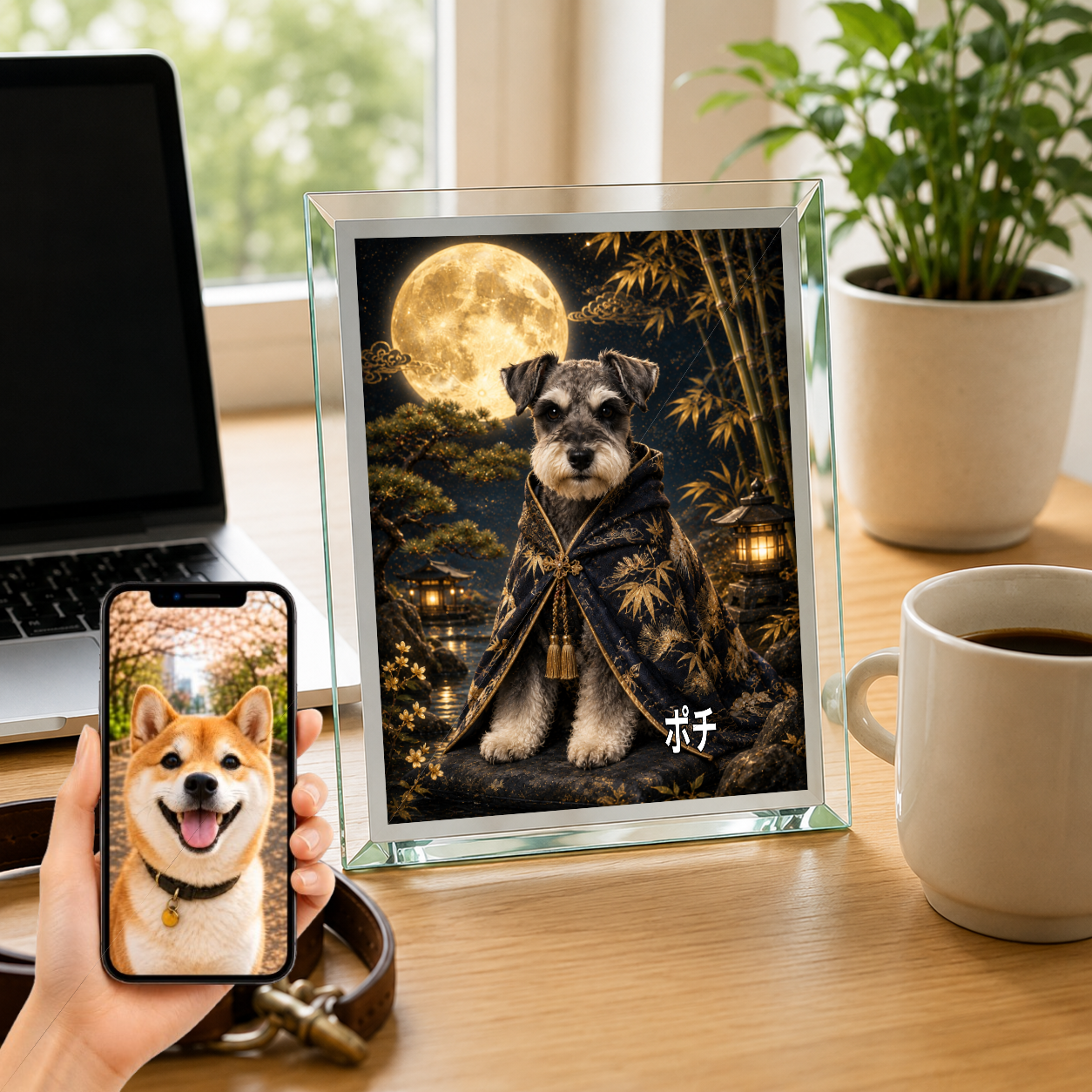 愛犬 写真入り 名入れ ガラスフォトパネル 月夜の守り犬 幻想和風