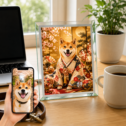 愛犬 写真入り 名入れ ガラスフォトパネル 桜と毬 華やか和装アート