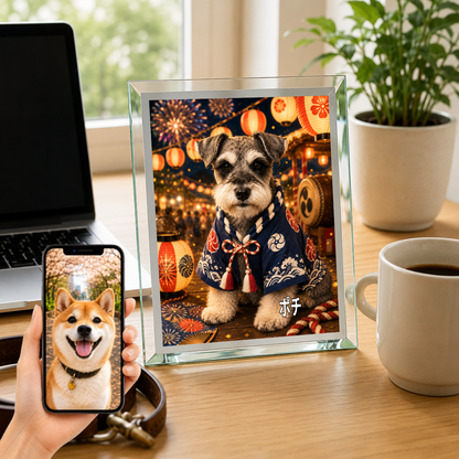 愛犬 写真入り 名入れ ガラスフォトパネル 夏祭り犬 浴衣風アート