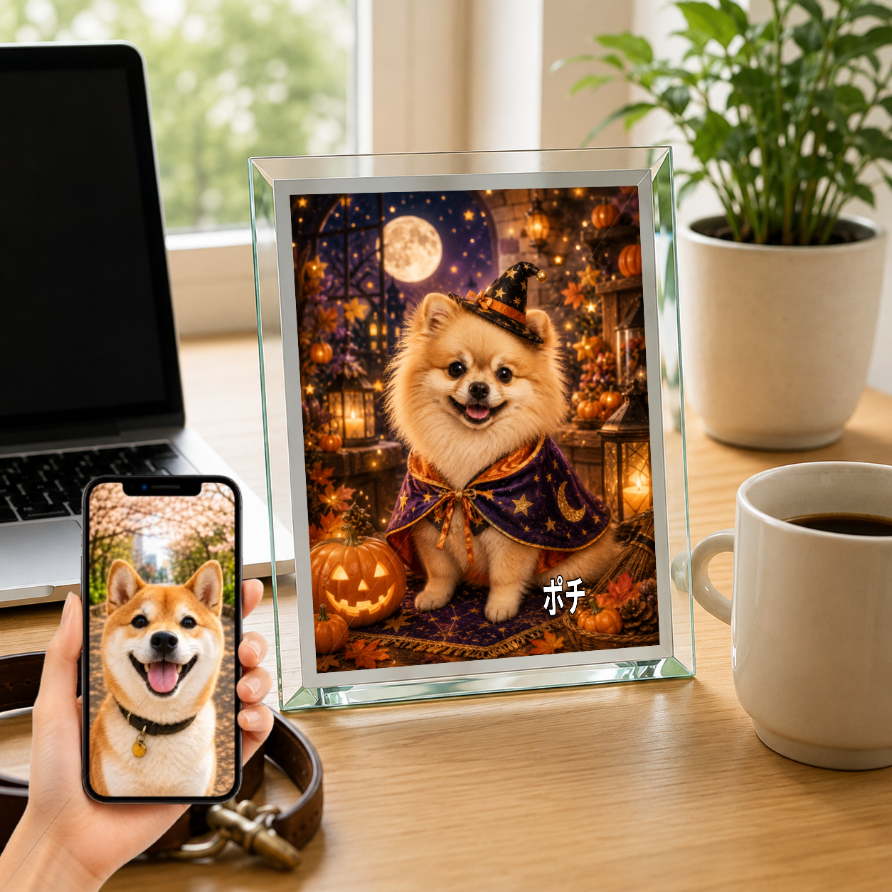愛犬 写真入り 名入れ ガラスフォトパネル ハロウィン魔法犬
