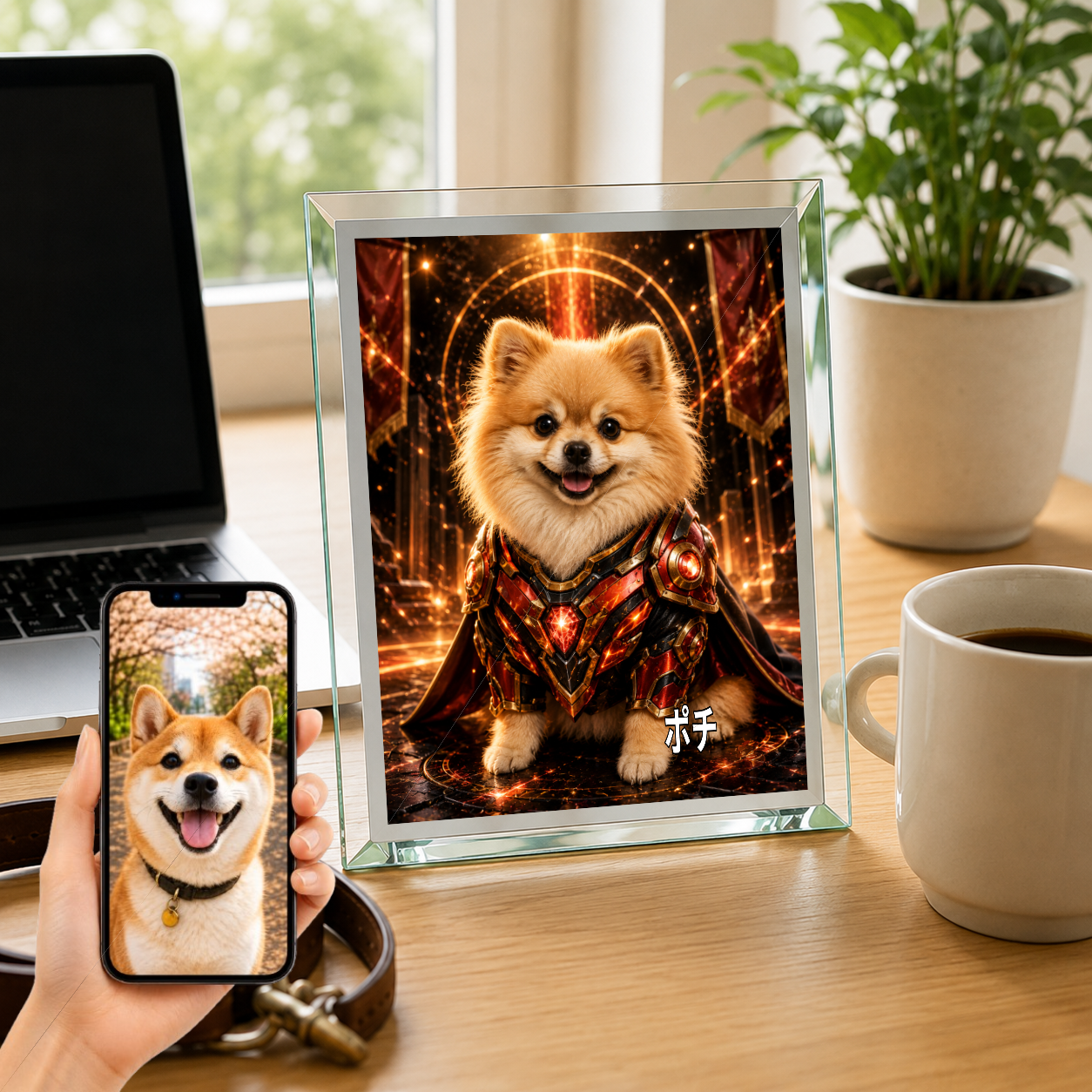 愛犬 写真入り 名入れ ガラスフォトパネル パワードスーツヒーロー犬