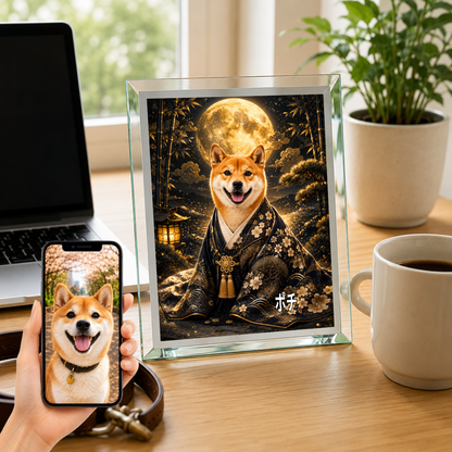 愛犬 写真入り 名入れ ガラスフォトパネル 月夜の守り犬 和風アート