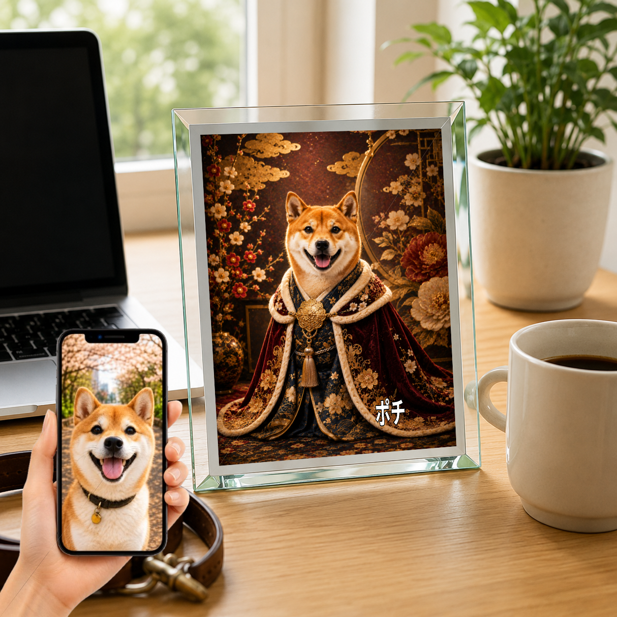 愛犬 写真入り 名入れ ガラスフォトパネル 王族ポートレート 和洋ミックス