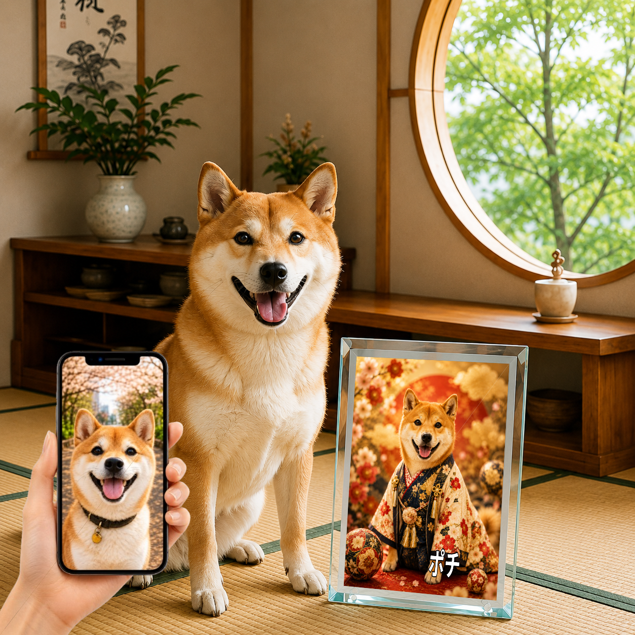 愛犬 写真入り 名入れ ガラスフォトパネル 豪華和装 月夜金彩 うちの子アート