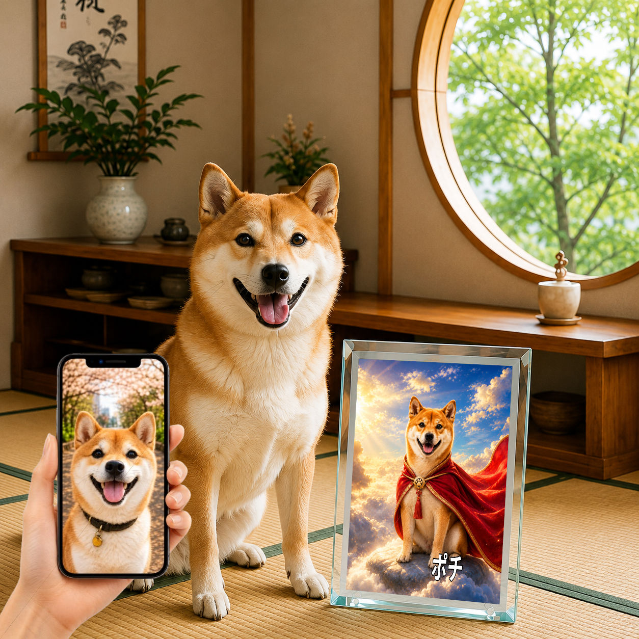 愛犬 写真入り 名入れ ガラスフォトパネル 赤マント ヒーロー犬 うちの子