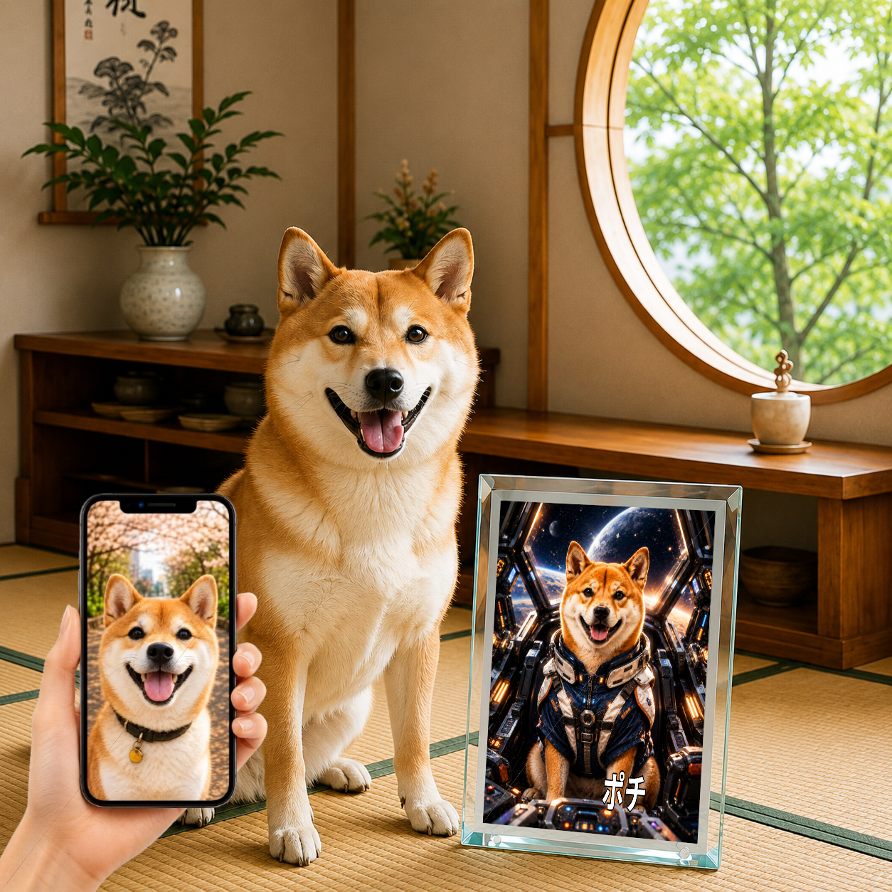 愛犬 写真入り 名入れ ガラスフォトパネル メカパイロット犬 SFアート