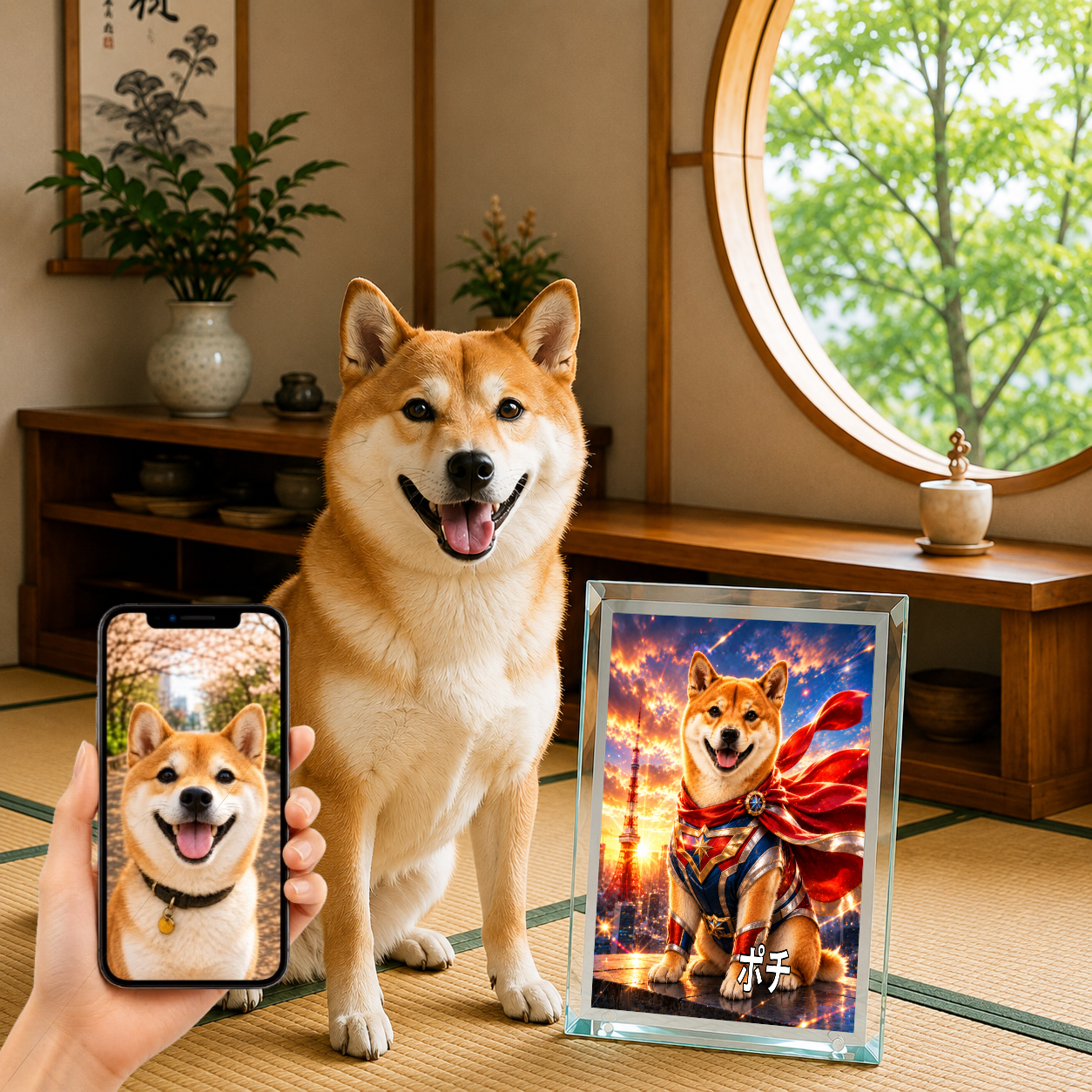 愛犬 写真入り 名入れ ガラスフォトパネル 特撮ヒーロー風 うちの子