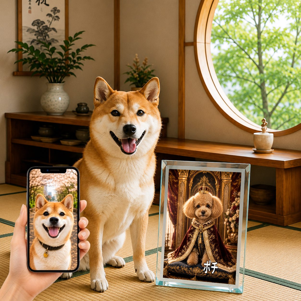 愛犬 写真入り 名入れ ガラスフォトパネル 王様マント犬 ロイヤルアート