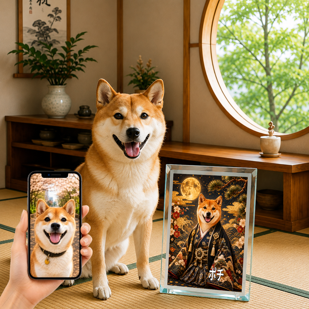 愛犬 写真入り 名入れ ガラスフォトパネル 晴れ着 金屏風 うちの子ギフト
