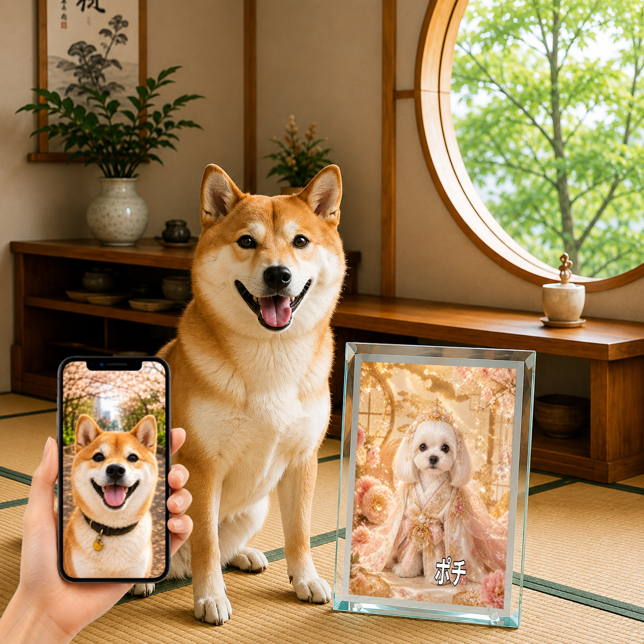 愛犬 写真入り 名入れ ガラスフォトパネル 姫さま犬 プリンセス風