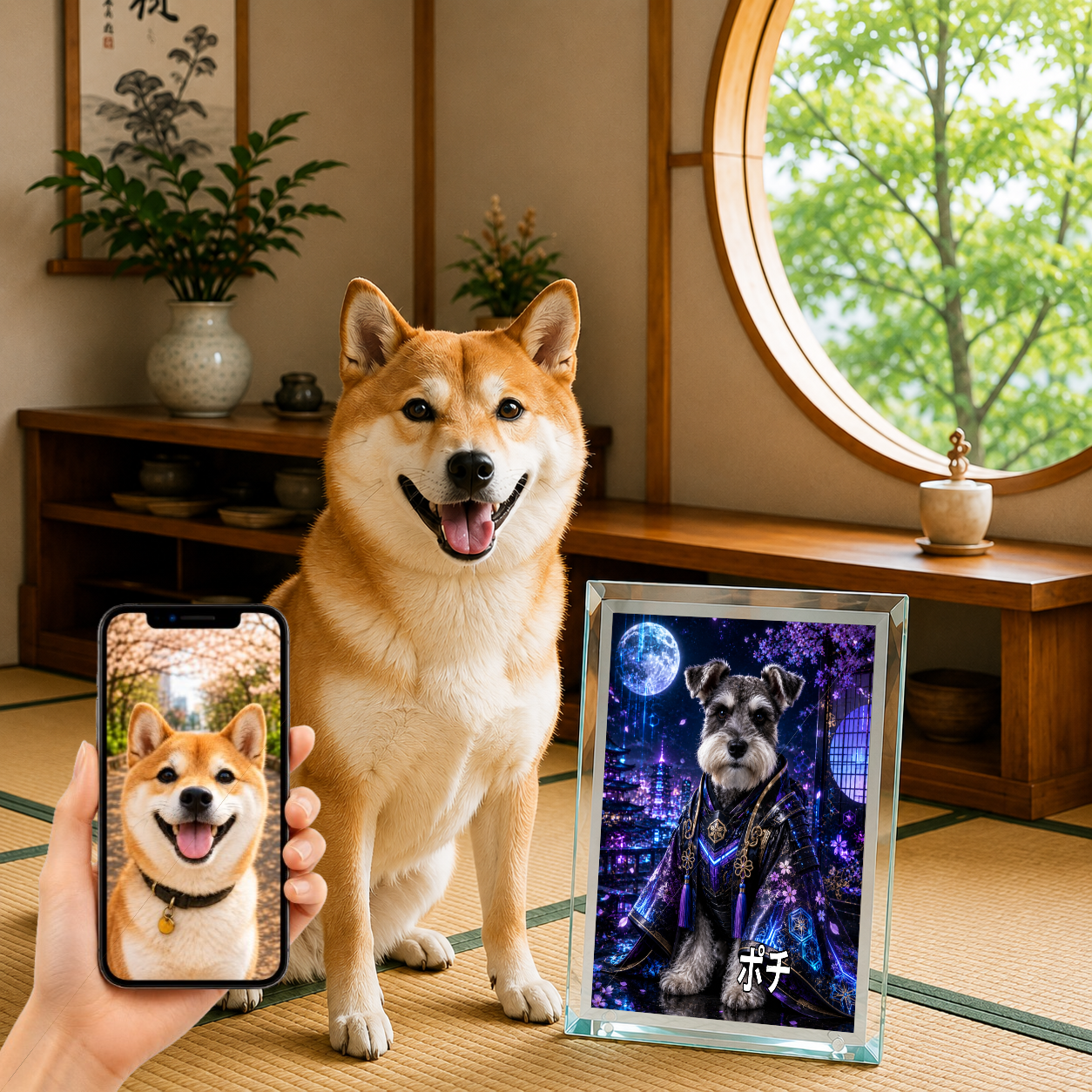 愛犬 写真入り 名入れ ガラスフォトパネル サイバー侍犬 近未来和風