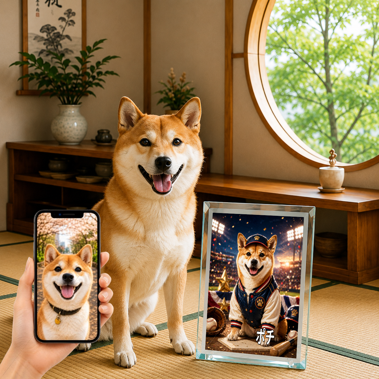 愛犬 写真入り 名入れ ガラスフォトパネル 野球スター犬 スポーツアート