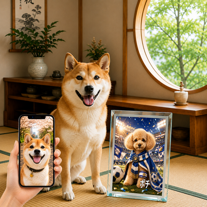 愛犬 写真入り 名入れ ガラスフォトパネル サッカーキャプテン犬