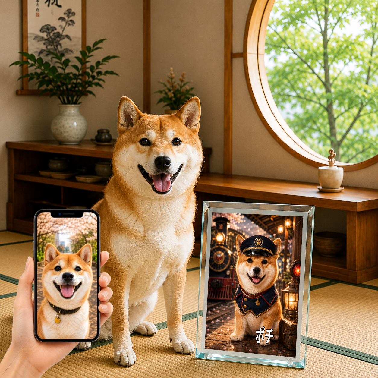 愛犬 写真入り 名入れ ガラスフォトパネル 駅長さん犬 レトロ鉄道