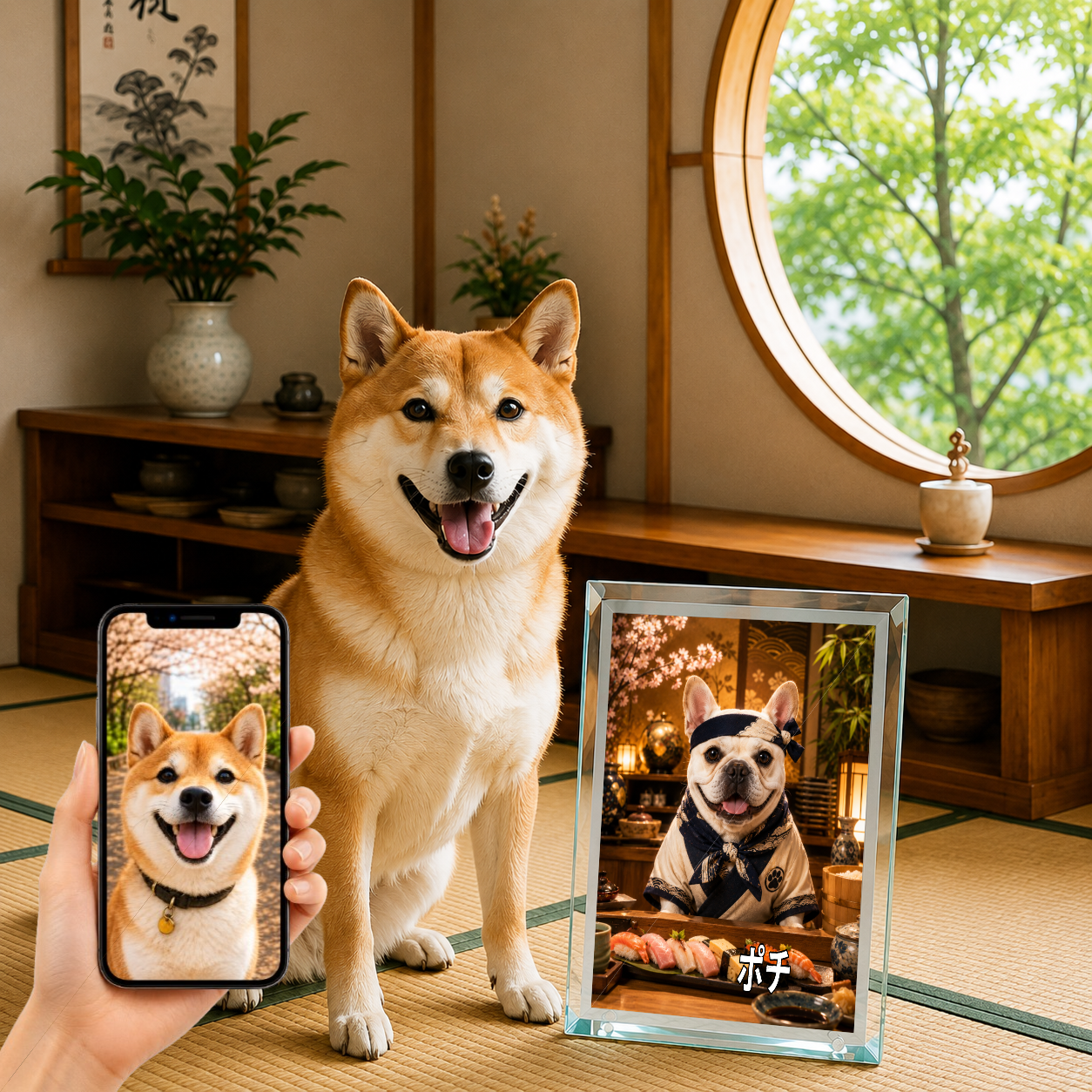 愛犬 写真入り 名入れ ガラスフォトパネル 寿司職人犬 うちの子