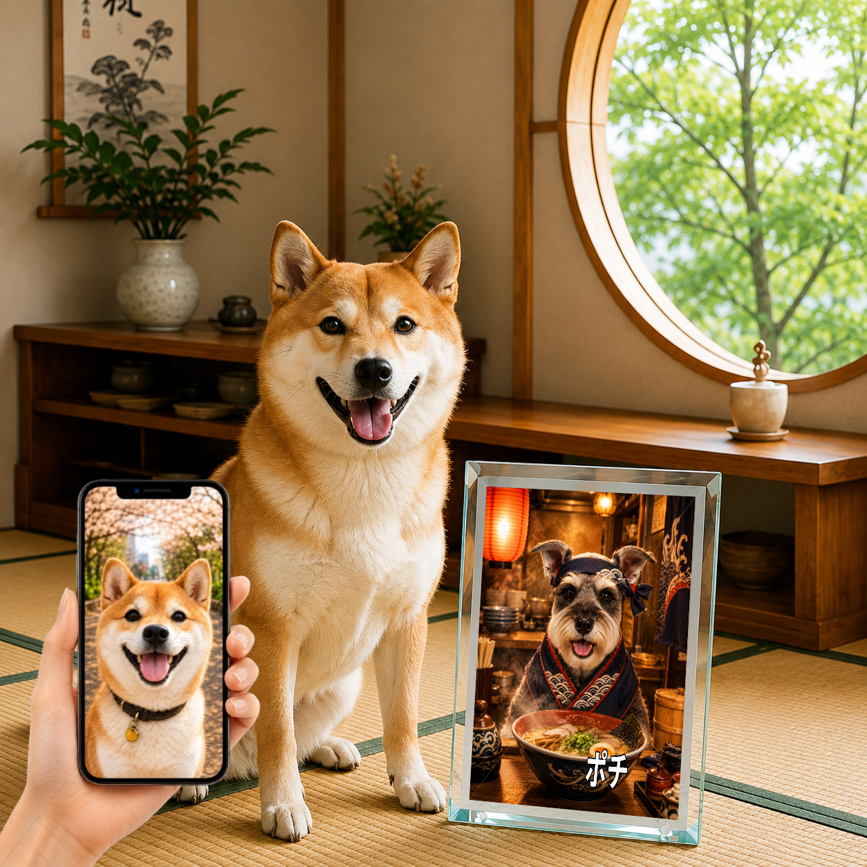 愛犬 写真入り 名入れ ガラスフォトパネル ラーメン職人犬