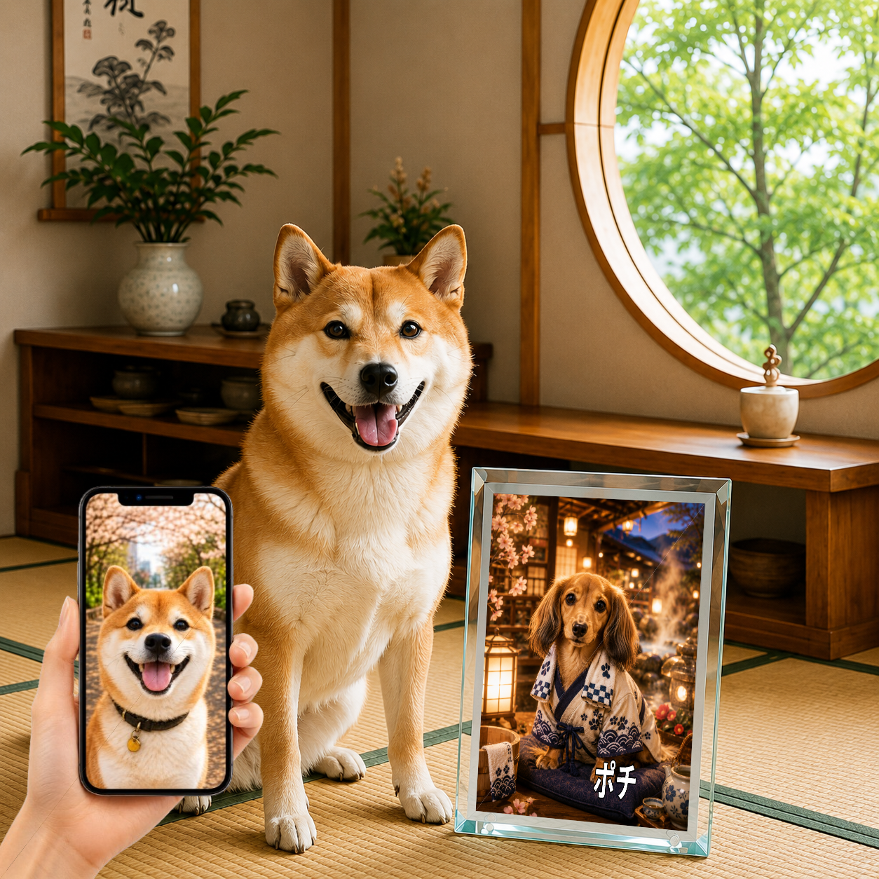 愛犬 写真入り 名入れ ガラスフォトパネル 温泉旅館の看板犬