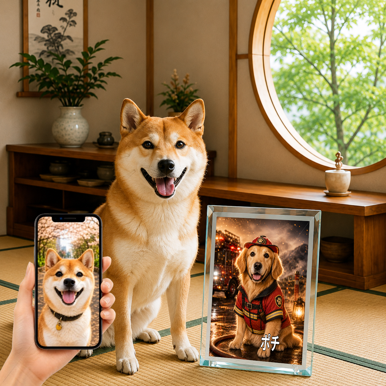 愛犬 写真入り 名入れ ガラスフォトパネル レスキューヒーロー犬