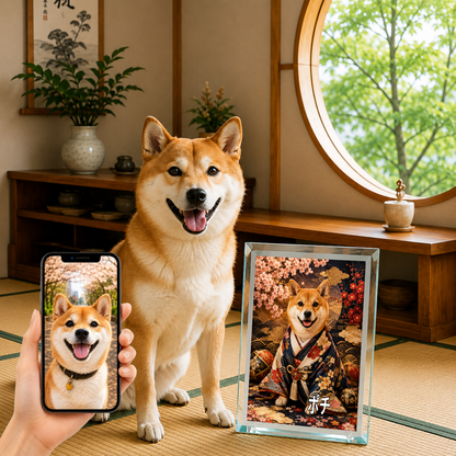 愛犬 写真入り 名入れ ガラスフォトパネル 豪華和装犬 高級うちの子アート