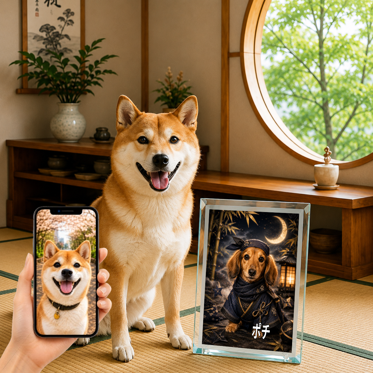 愛犬 写真入り 名入れ ガラスフォトパネル 忍者犬 和風ものがたり