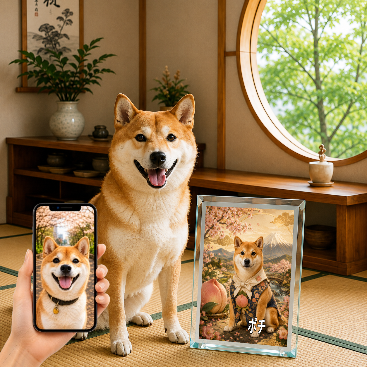 愛犬 写真入り 名入れ ガラスフォトパネル 桃太郎の相棒犬