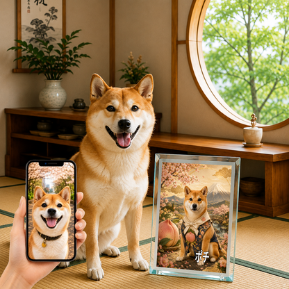 愛犬 写真入り 名入れ ガラスフォトパネル 桃太郎の相棒犬