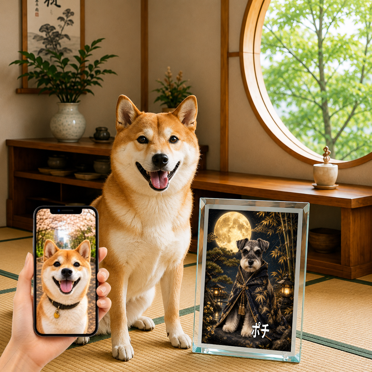 愛犬 写真入り 名入れ ガラスフォトパネル 月夜の守り犬 幻想和風