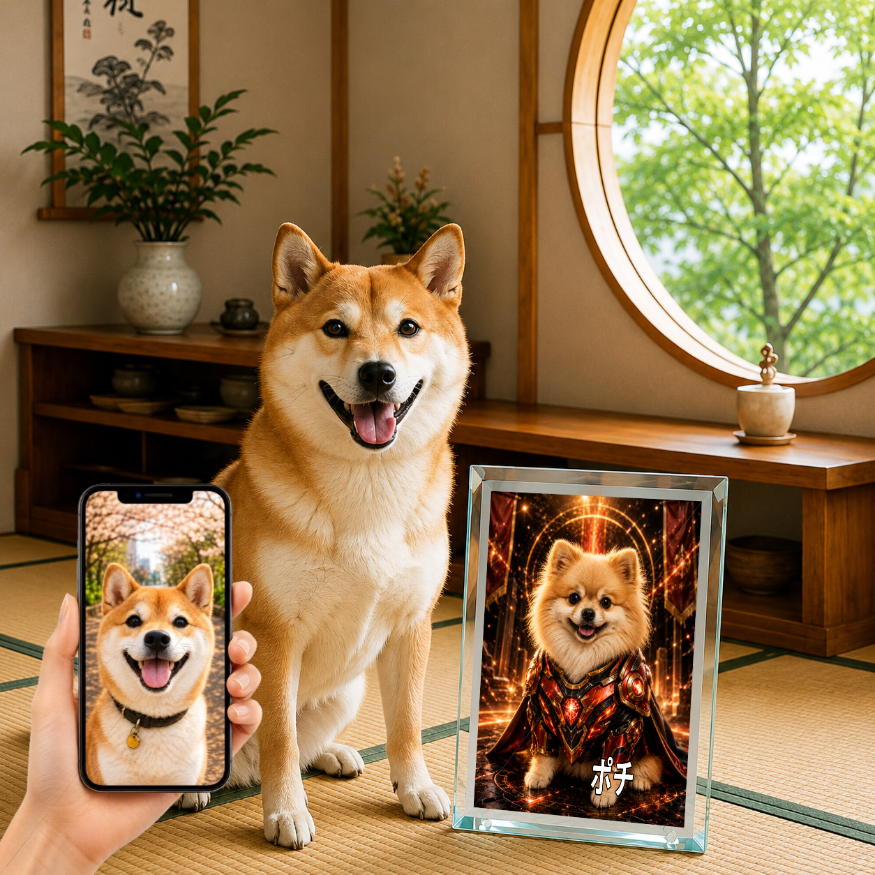 愛犬 写真入り 名入れ ガラスフォトパネル パワードスーツヒーロー犬
